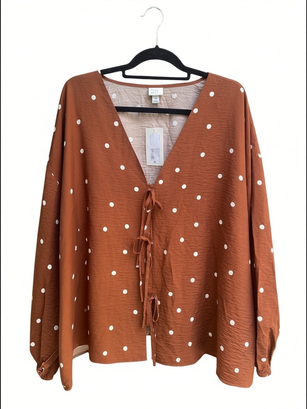 A New Day NWT Balloon Sleeve Tie Front Brown Polka Dot Top Womens Plus Size 3X